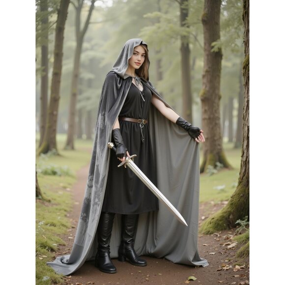 Gray Witch Velvet Hooded Cloak Halloween Cape Queen King Renaissance Medieval - Picture 5 of 7